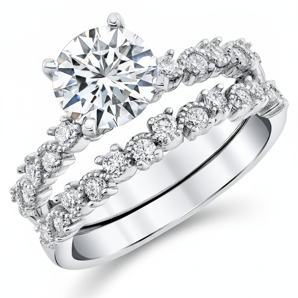 2Ct Round-cut Moissanite Laced Milgrain Bridal Set Engagement Ring 18K White Gold over Sterling Silver