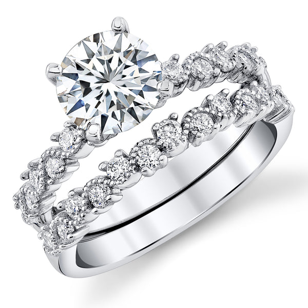 2Ct Round-cut Moissanite Laced Milgrain Bridal Set Engagement Ring 18K White Gold over