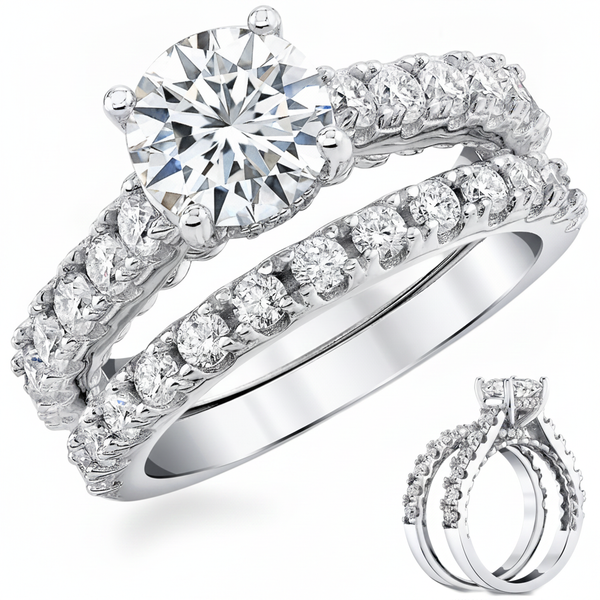 3.3Ct Round Moissanite Cathedral Style Wedding Ring Under Halo Bridal Set 18K White Gold over Silver