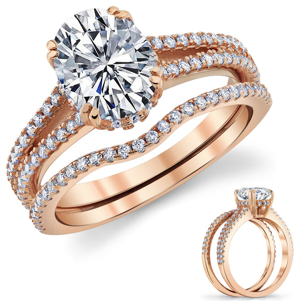 2.5Ct Oval Moissanite Bridal Set Under Halo Engagement Ring 18K Rose Gold over Silver