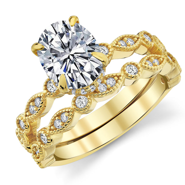 2.5Ct Victorian Oval Moissanite Bridal Set Under Halo Migrain Wedding Band 18K Gold over Silver