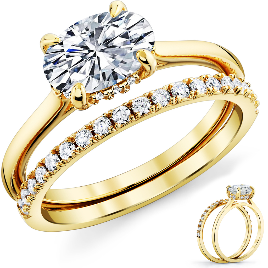 2Ct. Moissanite 18K Gold Sterling Silver East West Under Halo Engagement Wedding Ring Bridal Set