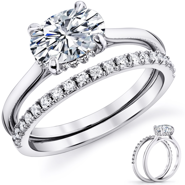 2Ct. Moissanite 18K White Gold Sterling Silver East West Under Halo Engagement Wedding Ring Bridal Set