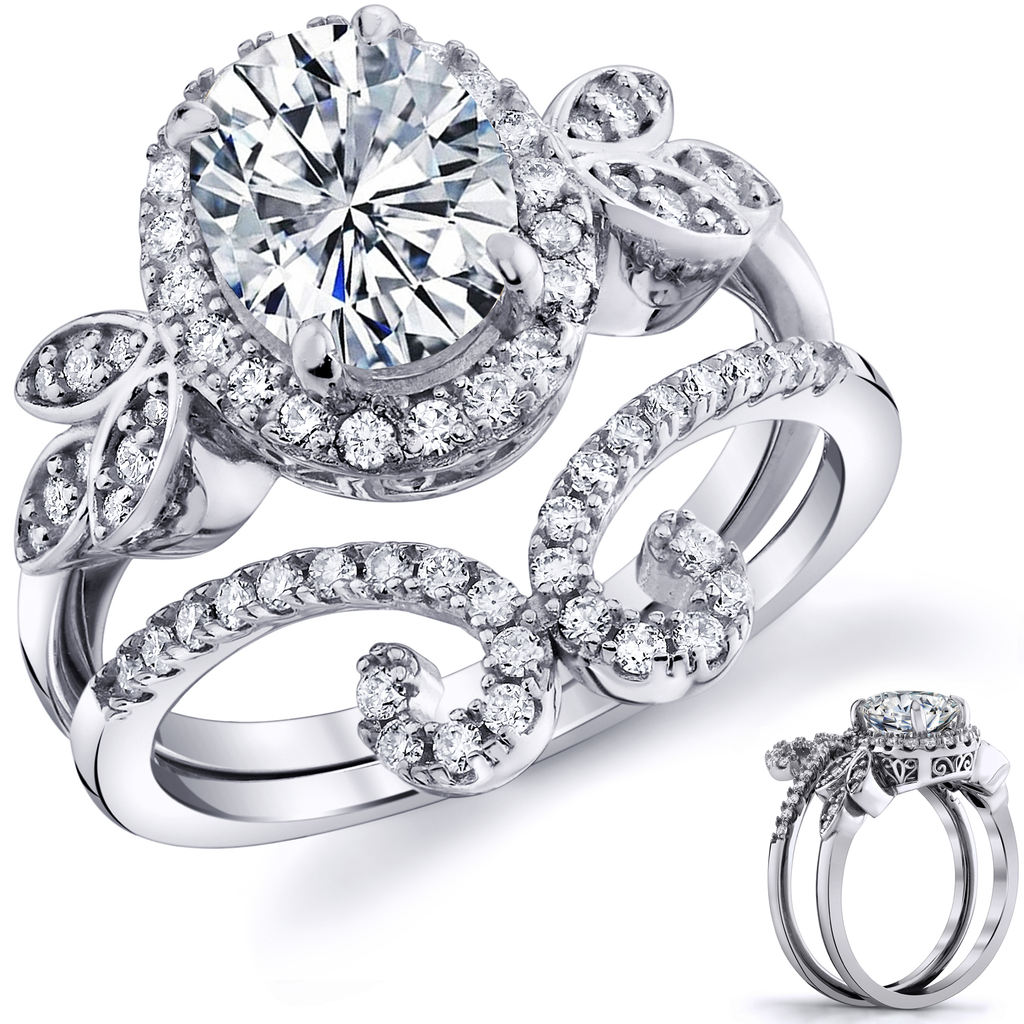 3Ct. Moissanite 18K White Gold over Silver Halo Papillion Engagement Wedding Ring Bridal Set