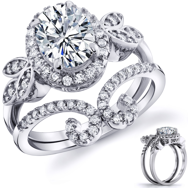 3Ct. Moissanite 18K White Gold over Silver Halo Papillion Engagement Wedding Ring Bridal Set