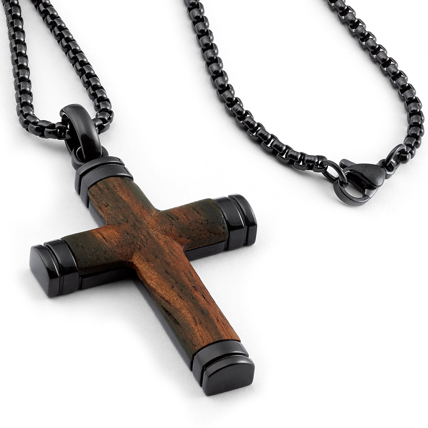 Inox Engraved Black Steel Wood Cross Pendant