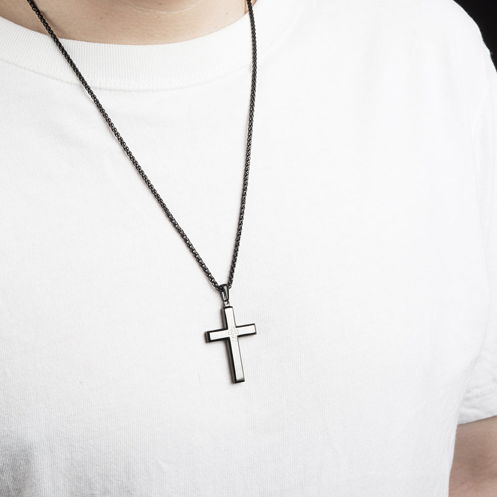 Men's Stainless Steel Cross Pendant Necklace Two-Tone Black Round