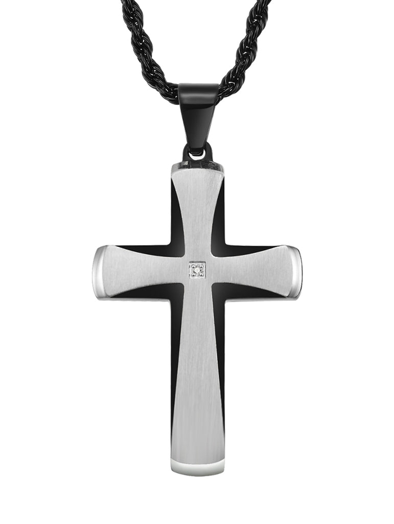 Men's Stainless Steel Cross Pendant Necklace Two-Tone Black Round Cubic Zirconia 24" Rope Chain