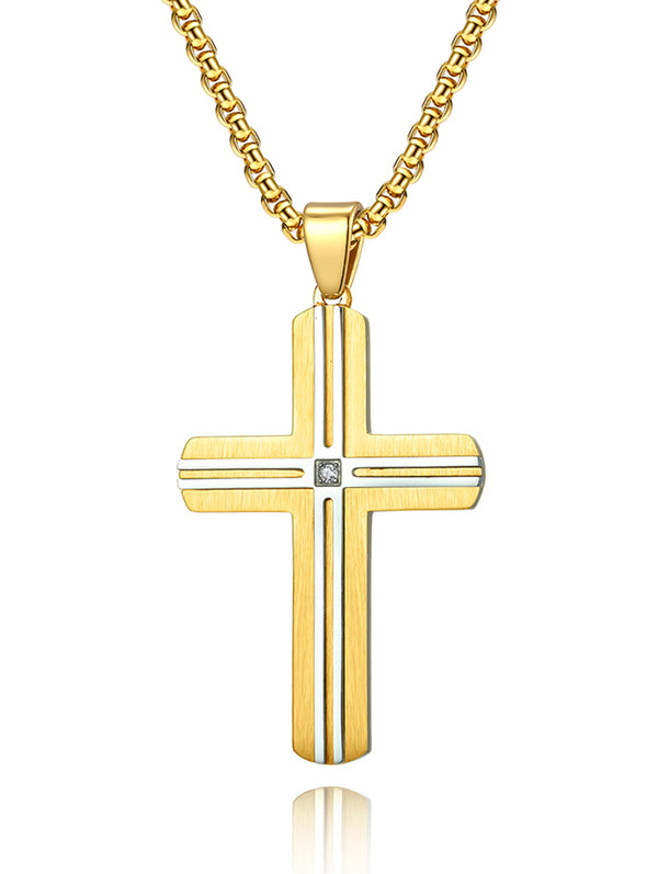 Men's Goldtone Stainless Steel Cross Pendant Cubic-Zirconia 24" Round Box Chain