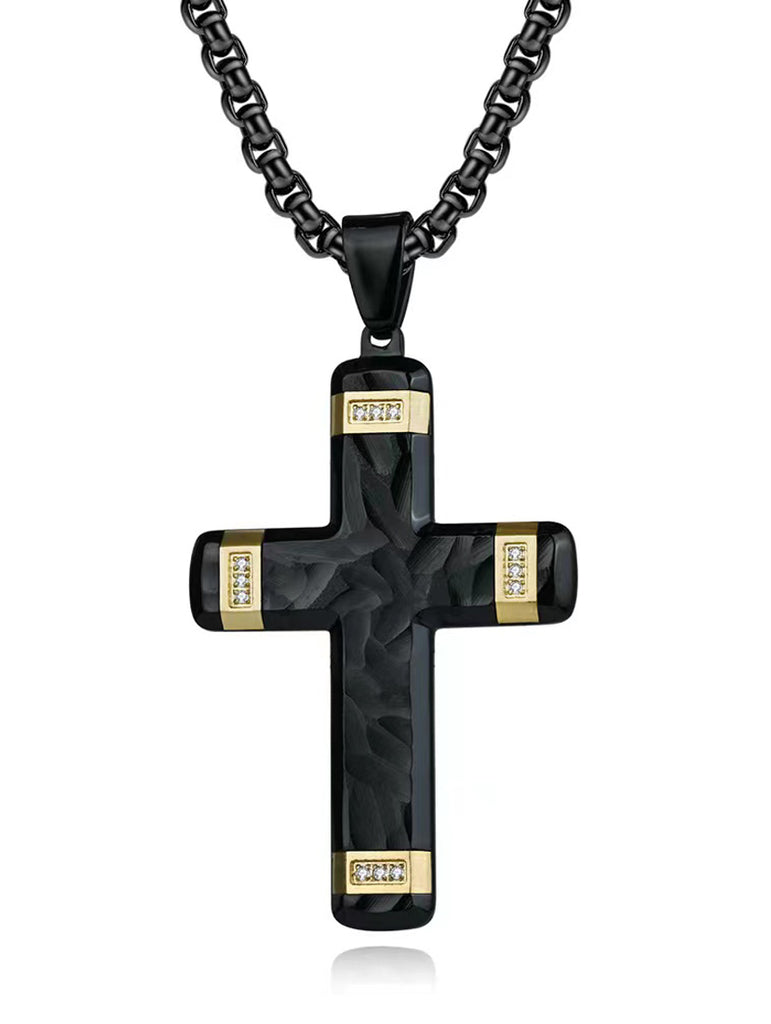 Men's Black Goldtone Stainless Steel Cross Pendant Hammered Fish Round Cubic-Zirconia 24" Chain Necklace