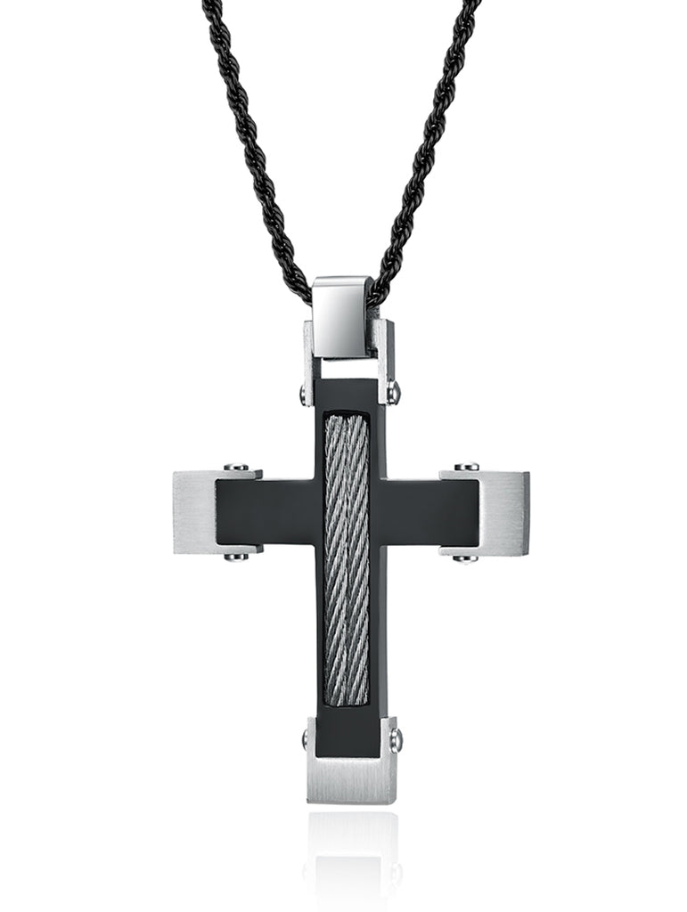 Men's Stainless Steel Cross Pendant Black Silver Twisted Cable Inlay 24" Rope Chain Necklace
