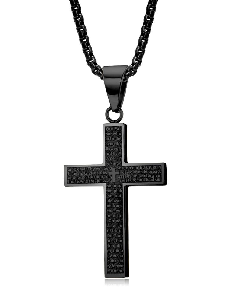 Men's Black Stainless Steel Cross Pendant Lord's Prayer 24" Round Box Chain Necklace