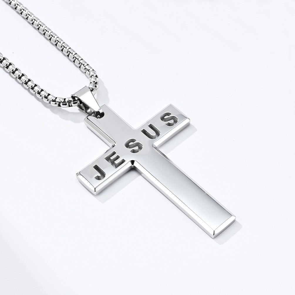 Men's Stainless Steel Jesus Cross Pendant Silvertone 24" Round Box Chain Necklace