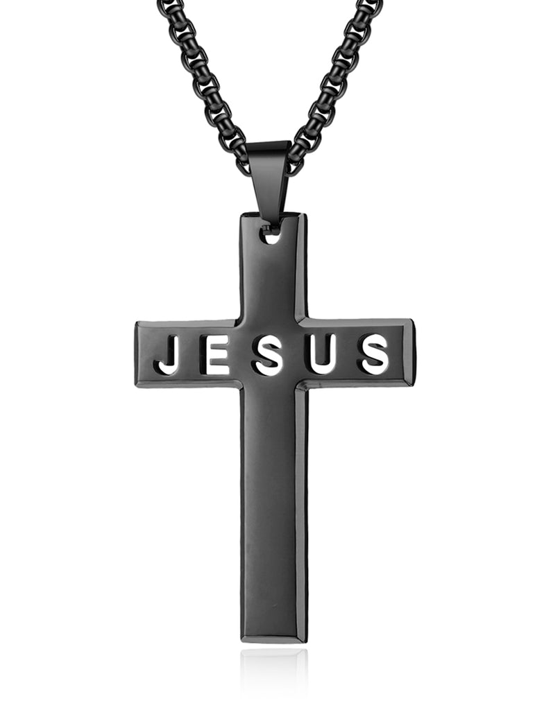 Men's Black Stainless Steel Jesus Cross Pendant 24" Round Box Chain Necklace