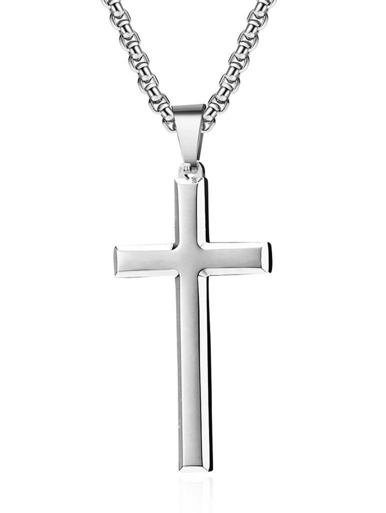 Men's Stainless Steel Cross Pendant Silvertone High-Polish 24" Round Box Chain Necklace