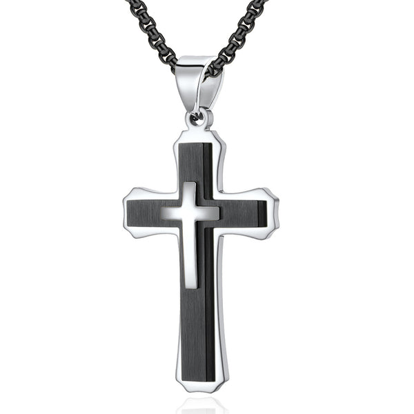 Men's Stainless Steel Cross Pendant Black & Silvertone 24" Round Box Chain Necklace