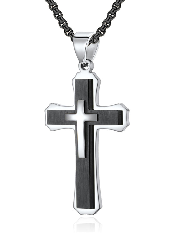 Men's Stainless Steel Cross Pendant Black & Silvertone 24" Round Box Chain Necklace