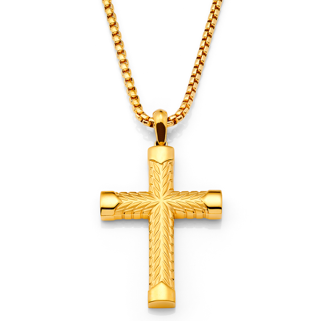 Men's Gold Stainless Steel Chevron Carved Cross Pendant Necklace with 24" Round Box Chain