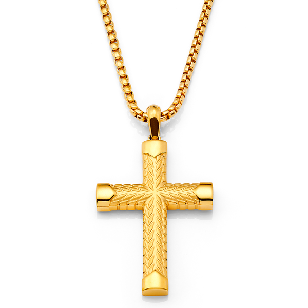 Men's Gold Stainless Steel Chevron Carved Cross Pendant Necklace with 24" Round Box Chain