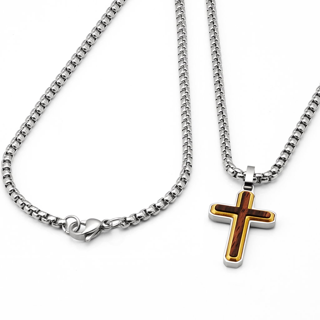 Men's Unisex Stainless Steel Two-Tone Cross Necklace with Real Santos Wood Inlay 24" Round Box Chain