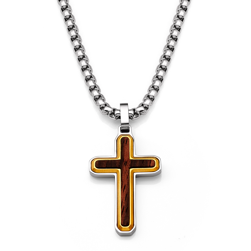 Men's Unisex Stainless Steel Two-Tone Cross Necklace with Real Santos Wood Inlay 24" Round Box Chain