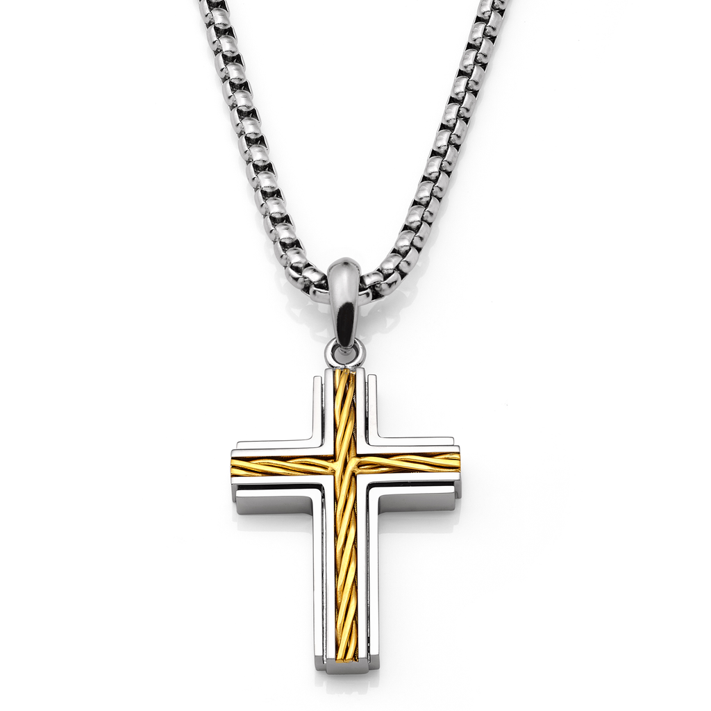 Metal Masters Men's Unisex Stainless Steel Two-Tone Cross Necklace with Golden Twisted Cable Inlay 24" Round Box Chain