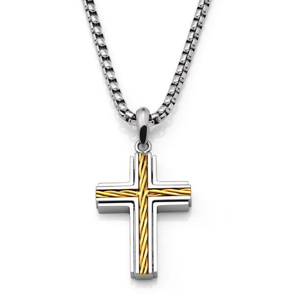Metal Masters Men's Unisex Stainless Steel Two-Tone Cross Necklace with Golden Twisted Cable Inlay 24" Round Box Chain
