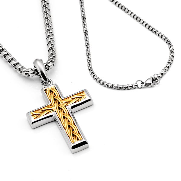 Men's Stainless Steel Two-Tone Cross Necklace with Braided Wire Inlay, 1.5" Pendant, 24" 2.5mm Round Box Chain