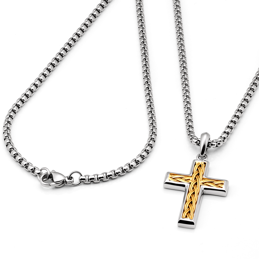 Men's Stainless Steel Two-Tone Cross Necklace with Braided Wire Inlay, 1.5" Pendant, 24" 2.5mm Round Box Chain