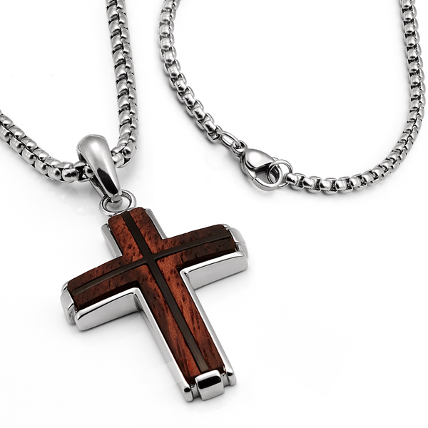 Men's Stainless Steel Cross Necklace with Real Santos Wood Inlay Round Box Chain