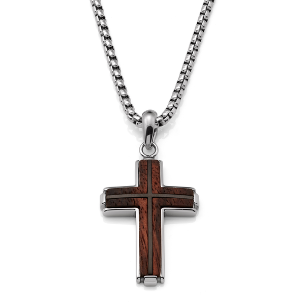 Men's Stainless Steel Cross Necklace with Real Santos Wood Inlay Round Box Chain
