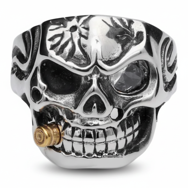 Men's Stainless Steel 1.5Ct Skull Biker Ring Cubic Zirconia Stone & Bullet