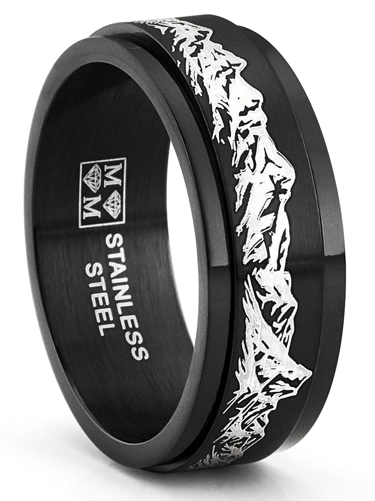 Men's Black Stainless Steel Fidget Ring Anxiety Wedding Band Outdoor Engraved Mountain