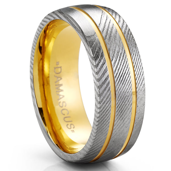 Men's Goldplated Damascus Steel Grooved Wedding Band Engagement