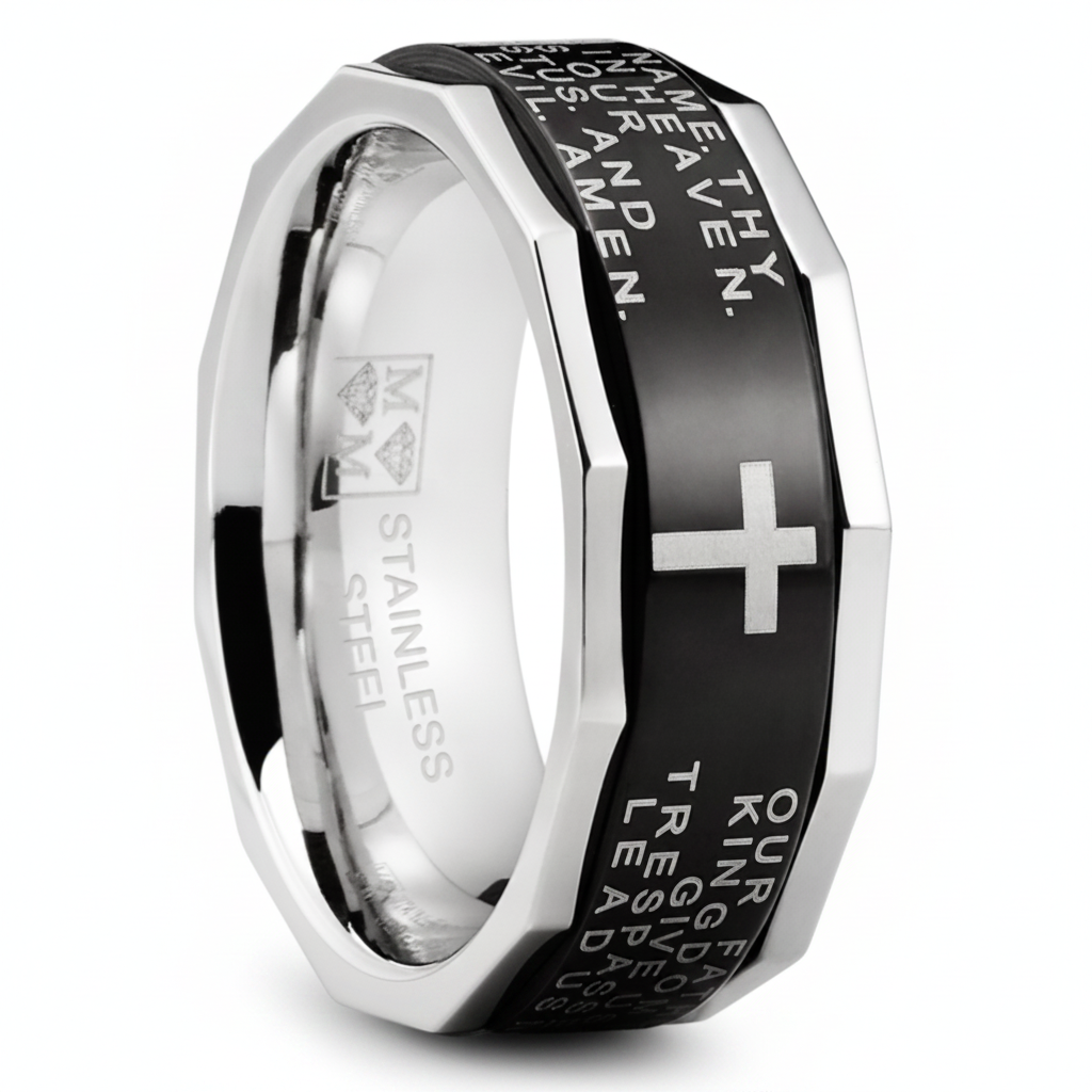 Men's Lords Prayer Stainless Steel Ring Christian Cross Bible Two-Tone 7-13