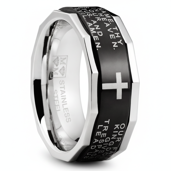 Men's Lords Prayer Stainless Steel Ring Christian Cross Bible Two-Tone 7-13
