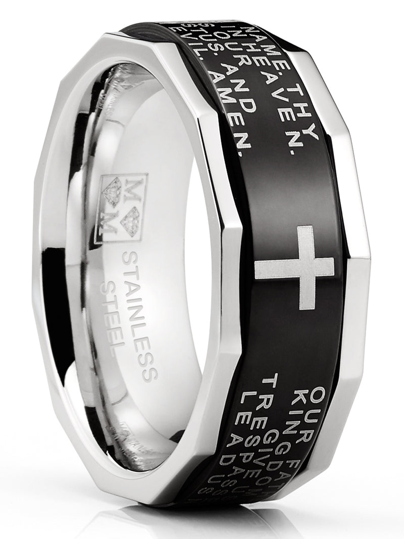 Men's Lords Prayer Stainless Steel Ring Christian Cross Bible Two