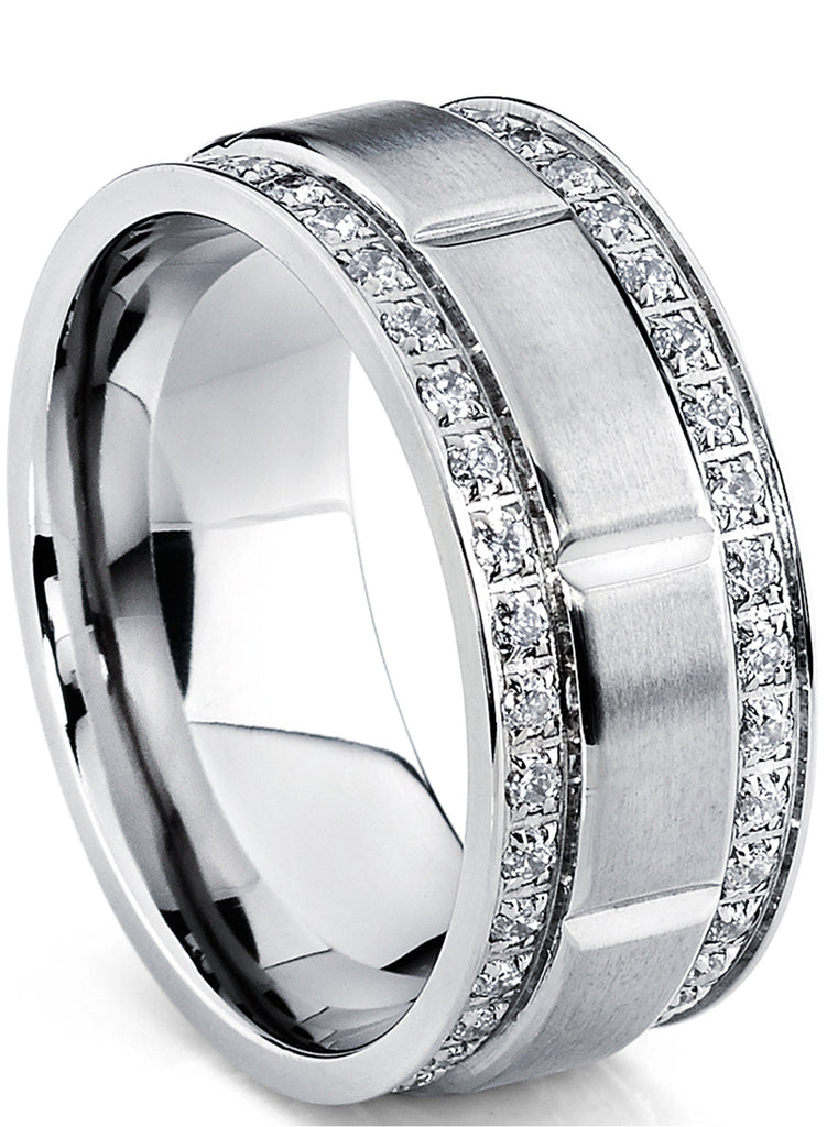 9MM Men's Titanium Wedding Band Ring with Double Row Cubic Zirconia, Comfort Fit Sizes 8 to 12