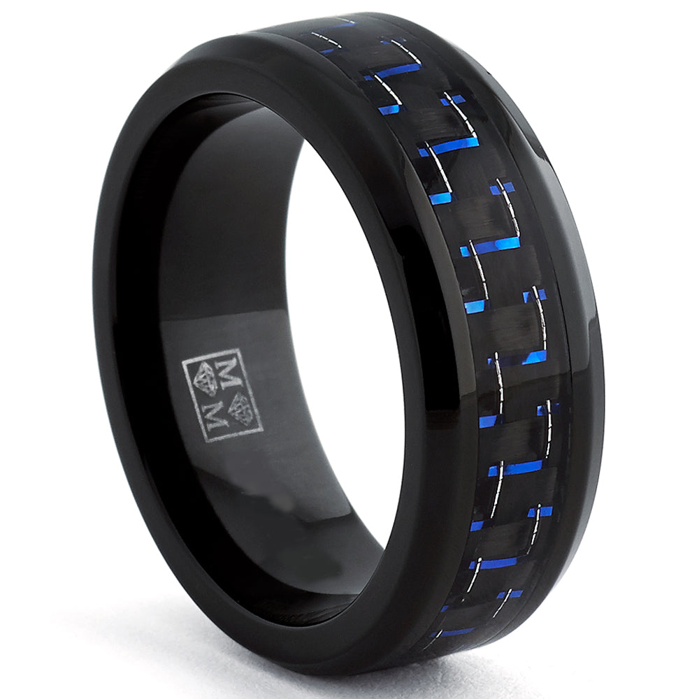 Men's Black Titanium Wedding Band Ring with Black and Blue Carbon Fiber inlay, Comfort fit 8mm, Sizes 6 to 15