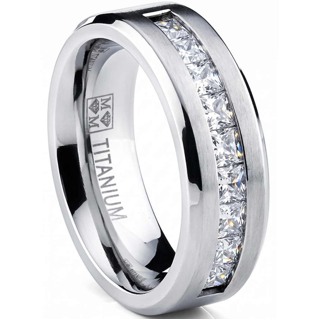 Titanium 1Ct. Men's Wedding Band Engagement Ring with 9 large Princess Cut Cubic Zirconia