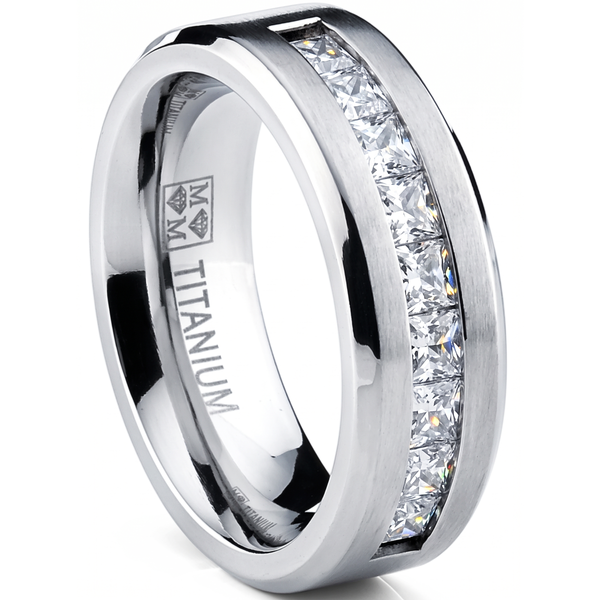 Titanium 1Ct. Men's Wedding Band Engagement Ring with 9 large Princess Cut Cubic Zirconia