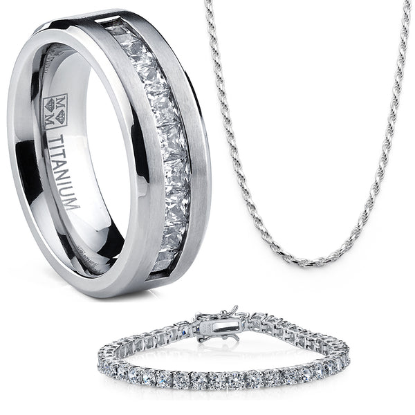 Titanium .9Ct Men's Wedding Band Engagement Ring with 9 large Princess Cut Cubic Zirconia