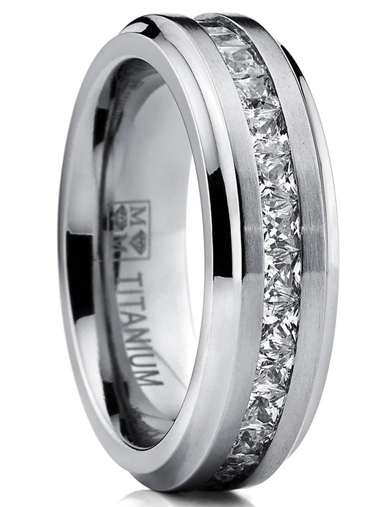 Titanium Men's Wedding Band Engagement Eternity Ring Princess Cut Cubic Zirconia 7MM