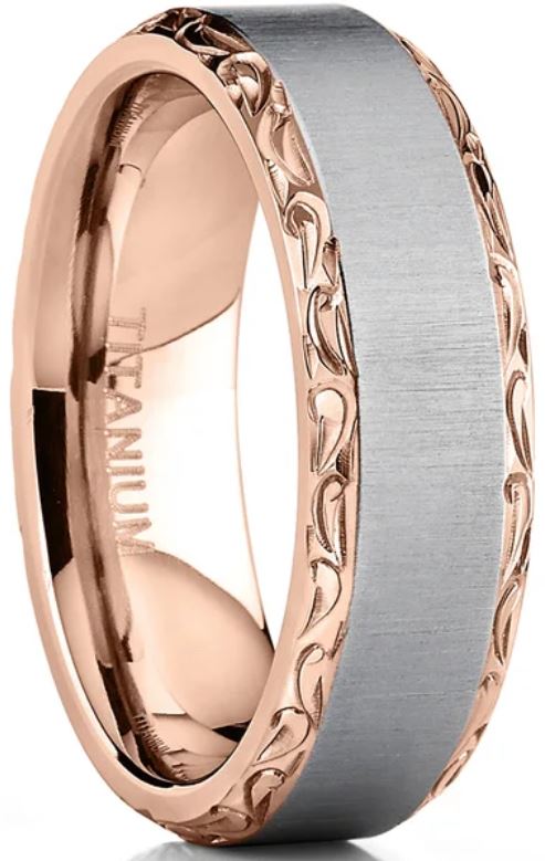 Men's Titanium Hand-engraved Wedding Band Ring Comfort-fit Rosegold-tone 7MM