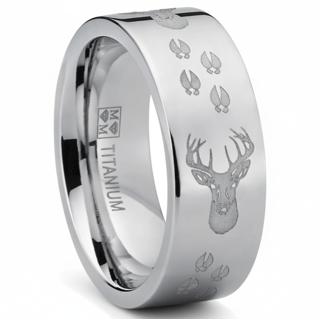 Men's Deer Hunting Titanium Ring Wedding Band High Polish Silver 8MM
