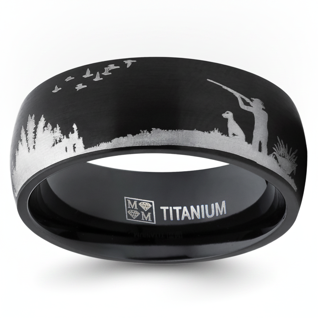 Men's Black Titanium Ring Wedding Band with Laser Etched Bird Duck Hunting Outdoor Ring, Comfort Fit 8mm