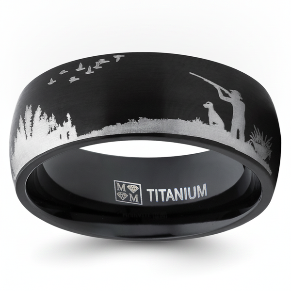 Men's Black Titanium Ring Wedding Band with Laser Etched Bird Duck Hunting Outdoor Ring, Comfort Fit 8mm