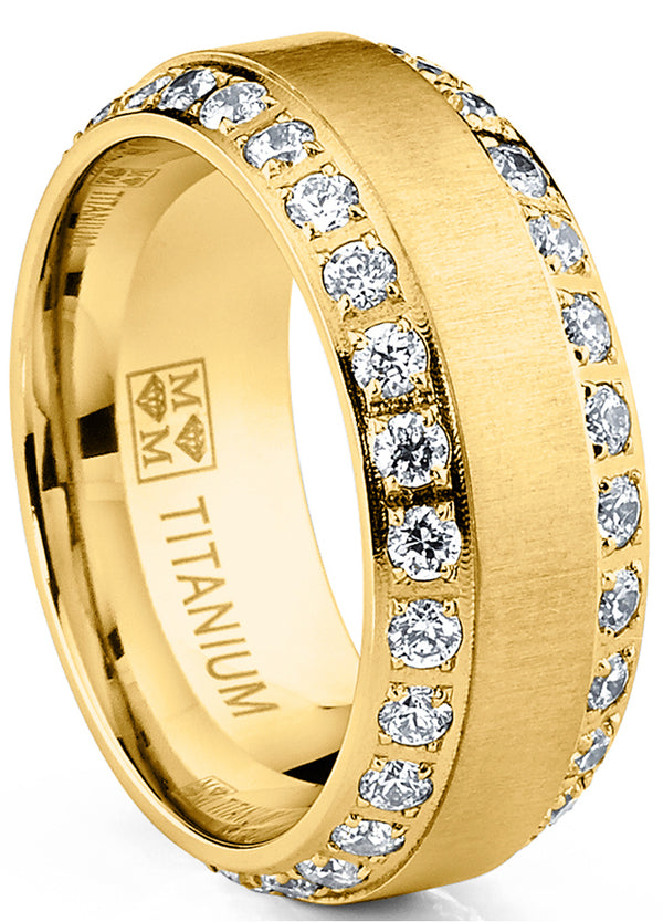 Goldtone Titanium Men's Wedding Band With Cubic Zirconia - 8mm Comfort Fit Eternity Ring