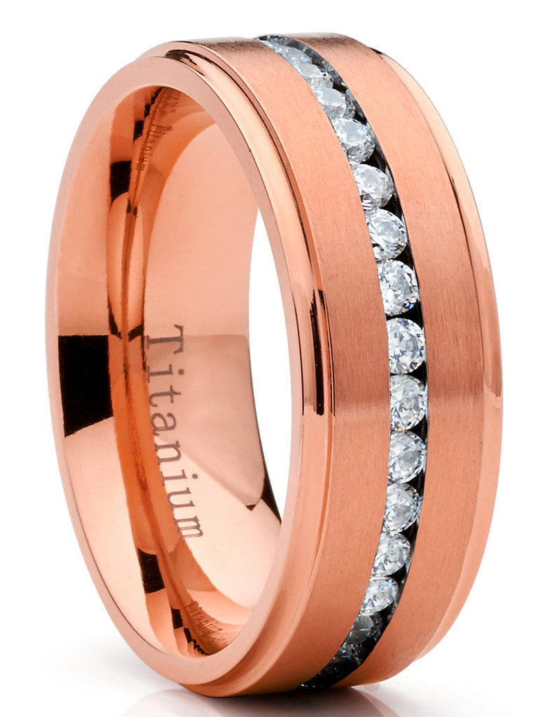 7MM Men's Eternity Titanium Ring Rosegold-tone Wedding Band Cubic Zirconia CZ