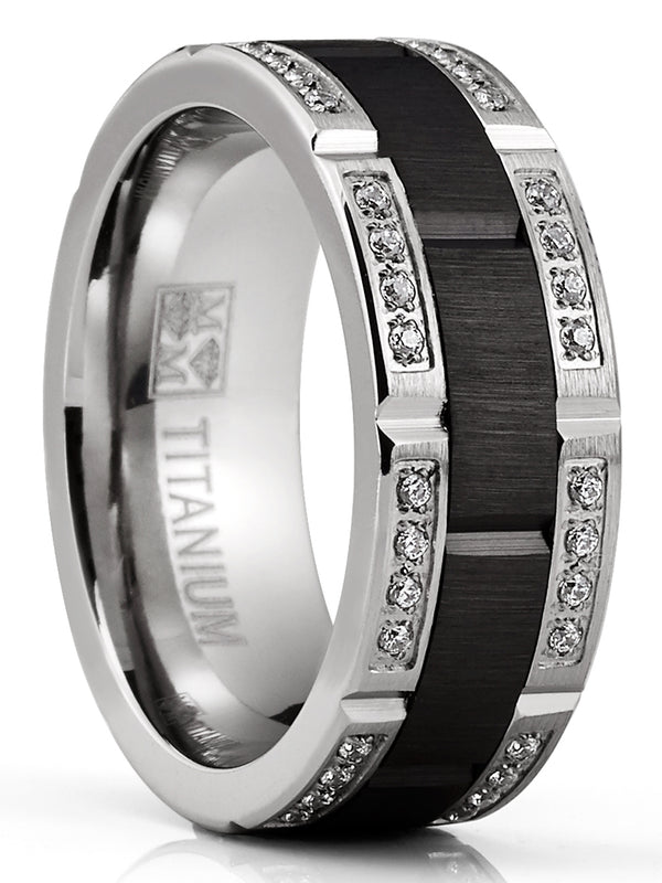 Men's Titanium Ring Two-Tone Wedding Band Round-Cut Cubic Zirconia Black Silver 8MM